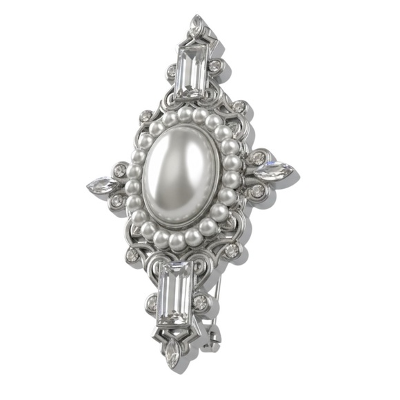 None Jewelry - Elegant Silver Cross Brooch with Faux Pearl Accent